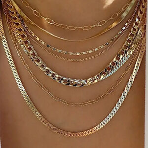 Gold Plated 18K Multilayer Necklace, Chain Link, Paperclip, Cuban